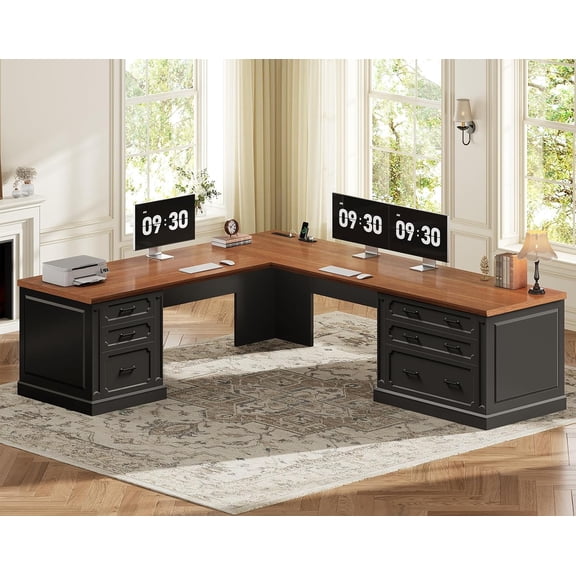 SEDETA Farmhouse L Shaped Desk with 6 Drawers, 78.7 Inch Wood Executive Desk with Power Outlet, Home Office Desk with File Cabinet Storage, Wooden Corner Computer Desk for Work and Study, White
