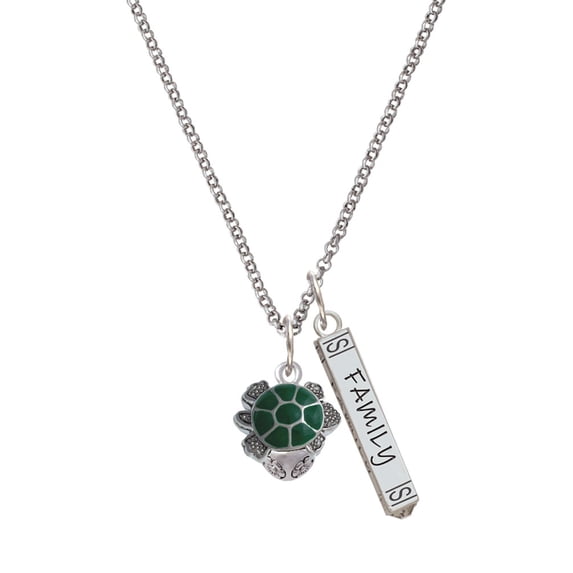 Delight Jewelry Silvertone Green Enamel 2-D Turtle Spinner Silvertone Family Bar Charm Necklace, 23"