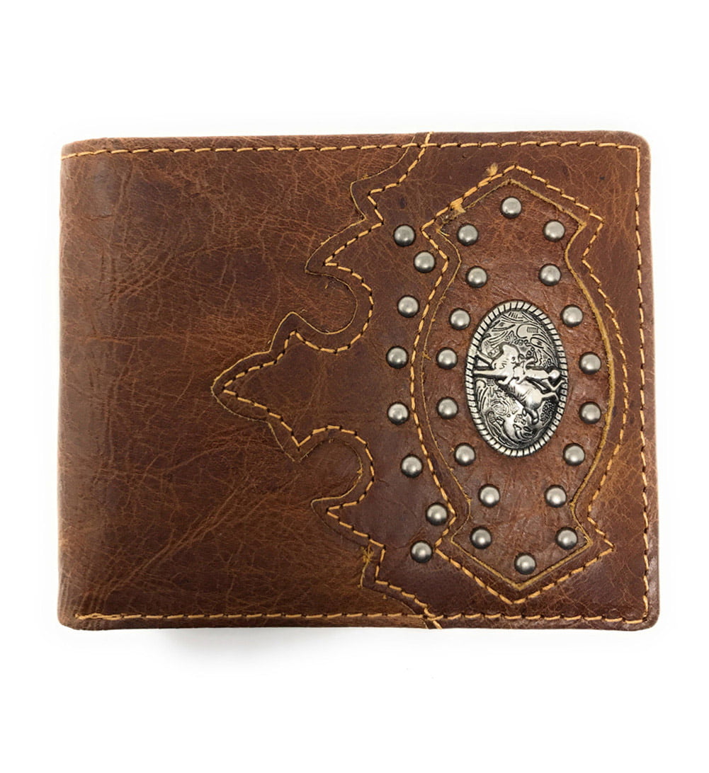Western Cowboy Genuine Leather Metal Tooled Rodeo Mens Bifold Short ...
