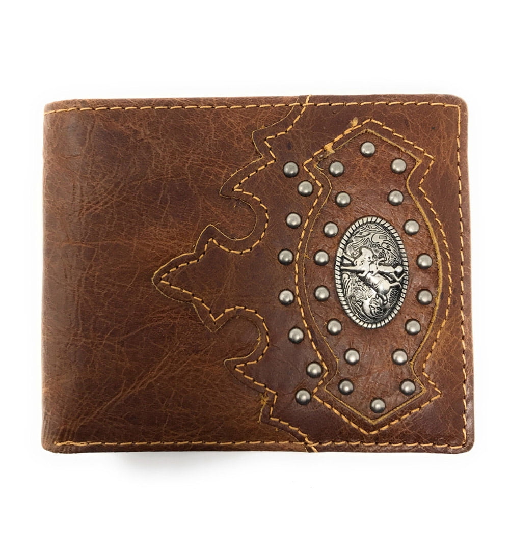 Western Cowboy Genuine Leather Metal Tooled Rodeo Mens Bifold Short
