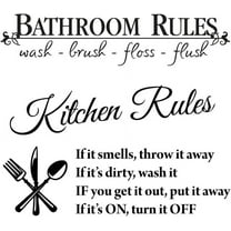STONCEL 6 x 23in Bathroom Decor Rules Wash Brush Floss Flush Stickers and 14 x 24in Kitchen Rules Letters Wall Art Decals, 2 Set Black Vinyl DIY Inspirational Saying Peel and Stick Wallpaper Quote