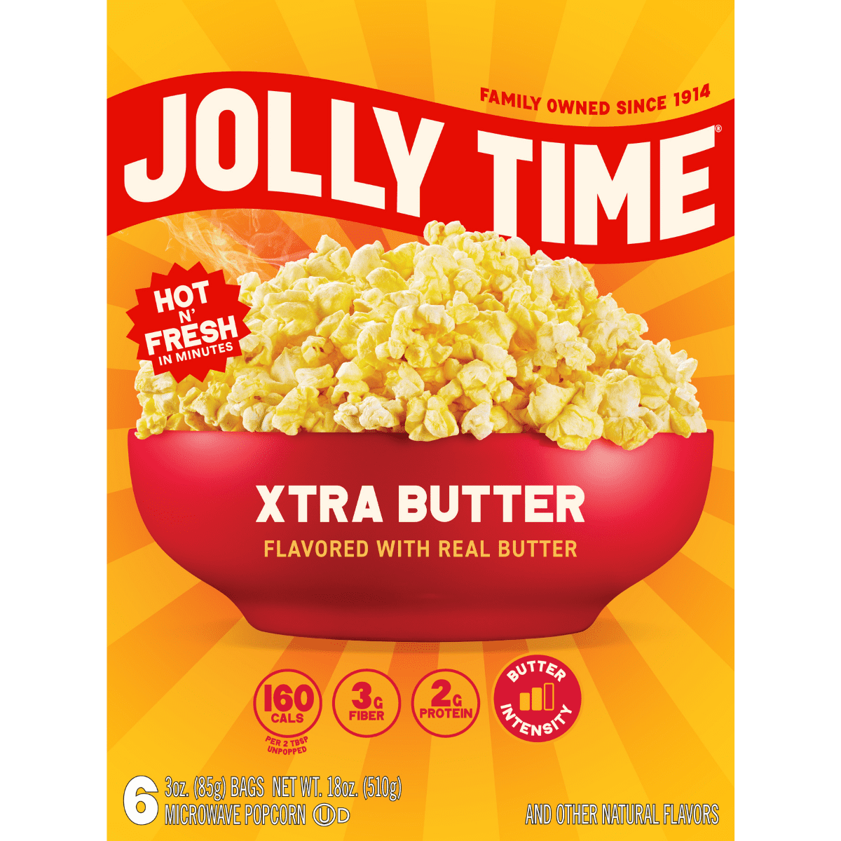 (4 pack) Jolly Time Xtra Butter Microwave Popcorn 3 oz, 6 Ct. Made with Real Butter Gluten-free.