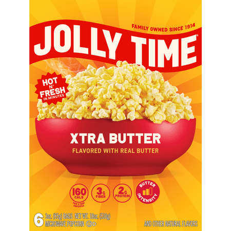 Jolly Time Xtra Butter Microwave Popcorn 3 oz, 6 Ct. Made with Real Butter Gluten-free.