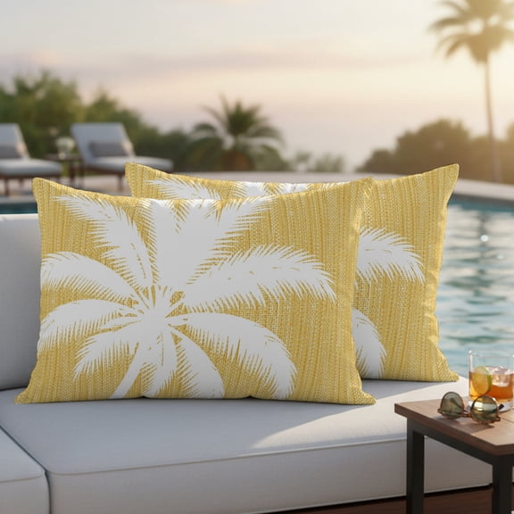 Light Yellow Palm Tree Outdoor Waterproof Throw Pillow Covers Set of 2, 20"x12", Summer Country Vintage Tropical Coastal Leaf Decorative Pillow Covers Outside Cushion Case for Patio Porch Garden