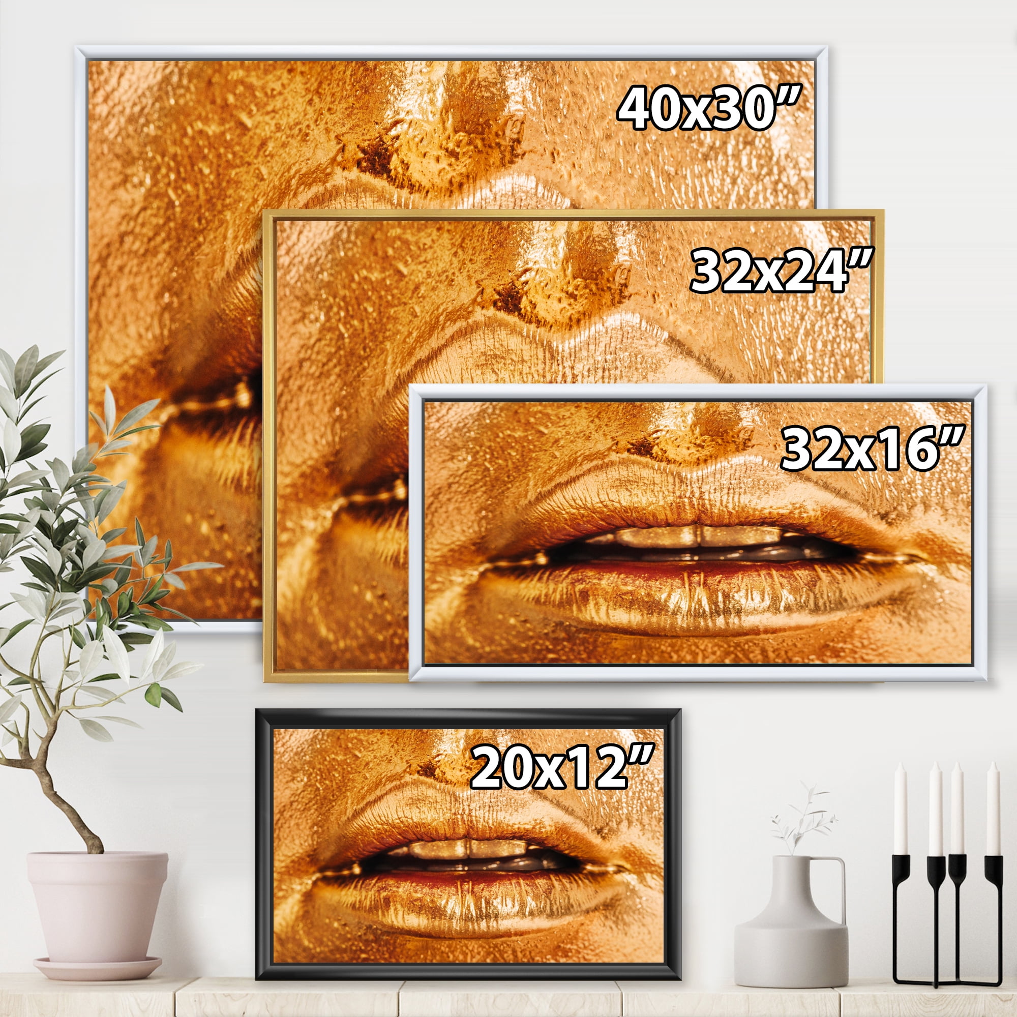 Designart 'Close Up Of Female Lips With Bright Golden Makeup' Modern Framed Canvas Wall Art Print