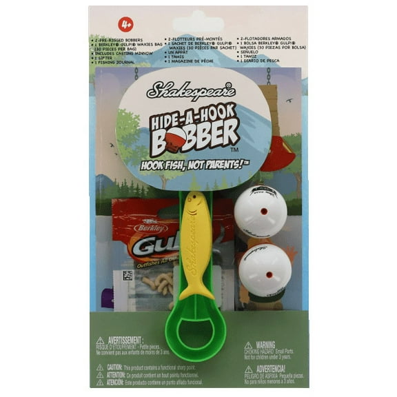 Shakespeare Adventure Hide-A-Hook Bobber Kids Fishing Kit, Includes 2 Hide-A-Hook Bobbers, 1 Berkley Waxies Soft Bait Bag, 1 Casting Minnow, and A Fishing Journal