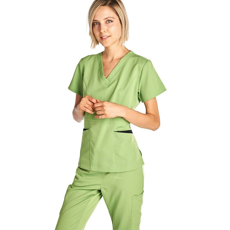 Dagacci Medical Uniform Women's Scrubs Set Stretch Ultra Soft Contrast  pocket (Apple Green, X-Large) 