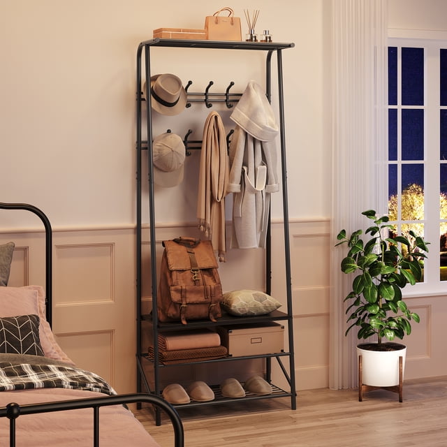 Hall Trees, Coat Rack with 10 Hooks, Entryway Bench with Storage, Multifunctional Hallway Organizer, Wood Look Accent Furniture with Metal Frame, for Entryway, Hallway, Front Door