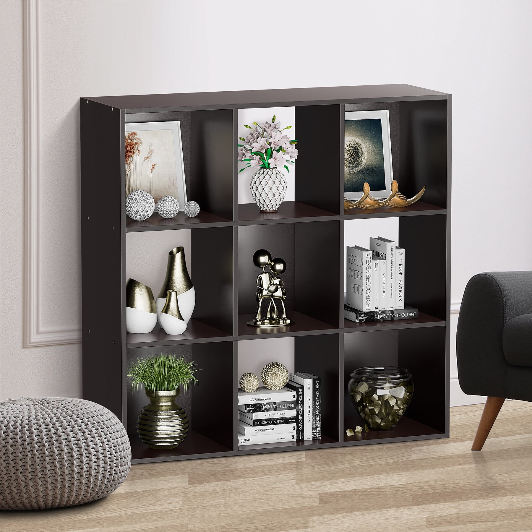 HomGarden 3-Tier 9 Cube Storage Organizer, Wood Bookcase Cabinet Bookshelf Espresso