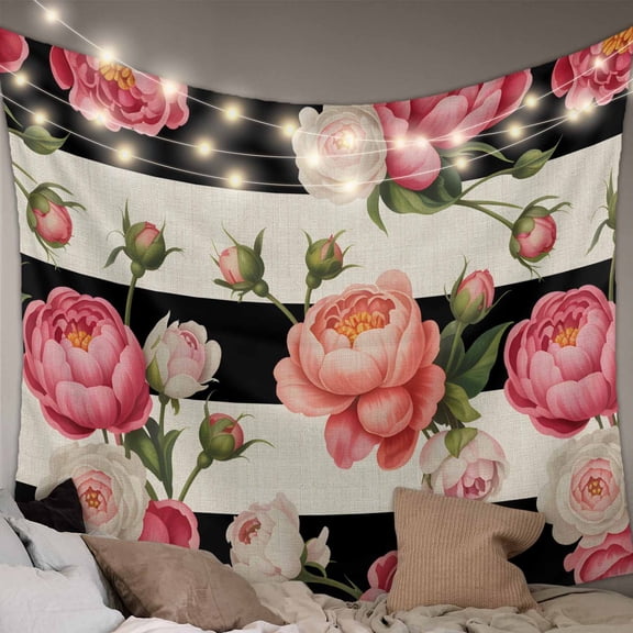 Flower Stripes Large Tapestry for Bedroom Wall Hanging Tapestry,Black White Geometric Pink Rose Floral Ceiling Backdrop Tapestries Poster Blanket Wall Decor for Teens Room Living Room Dorm 100" x 59"