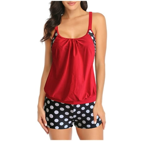 Womens 2 Piece Swimsuits Set- Printed Conservative Ladies Swimwear Bikini Plus Size Summer Beachwear Bathing Suits Gifts Red Size 4XL
