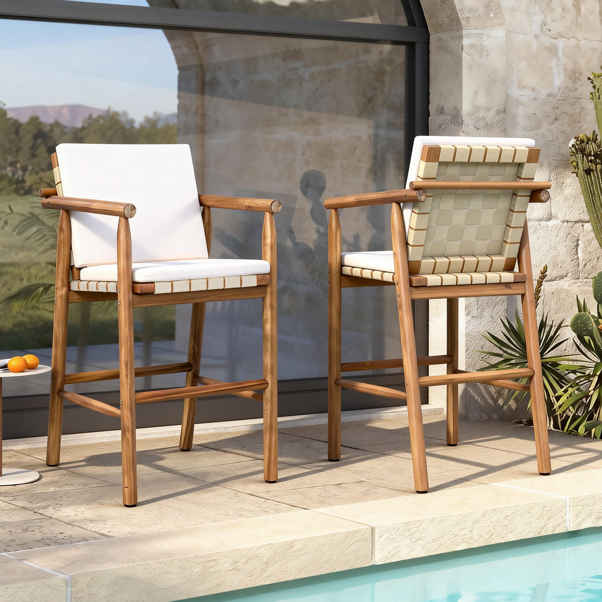 Outdoor Bar Stools Set of 2, Counter Height Acacia Wood Seats for Patio Pool, Beige