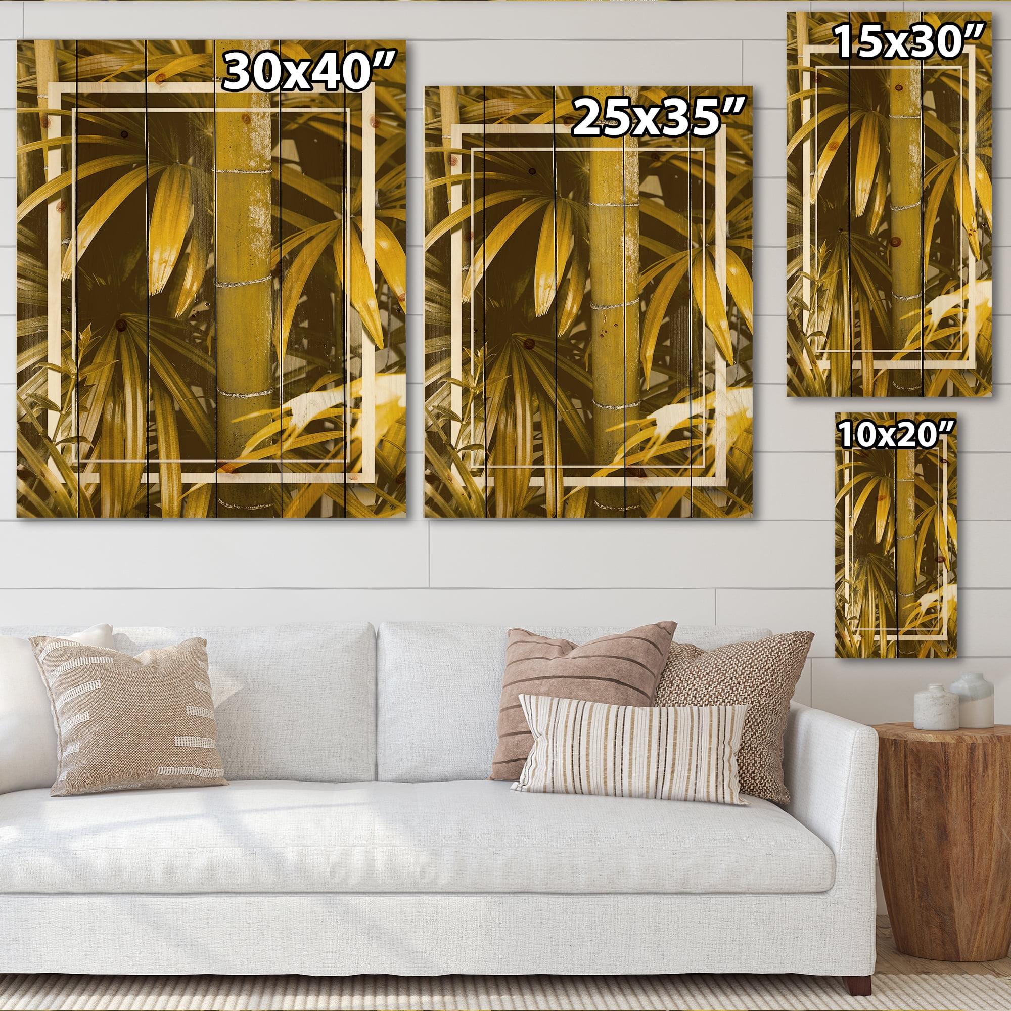 Designart 'Tropical Leaves and Yellow Bamboo' Tropical Print on Natural Pine Wood