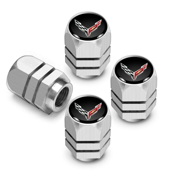 iPick Image for Chevrolet Corvette C8 Logo in Black on Silver Hexagon Shape Aluminum Tire Valve Stem Caps, Official Licensed