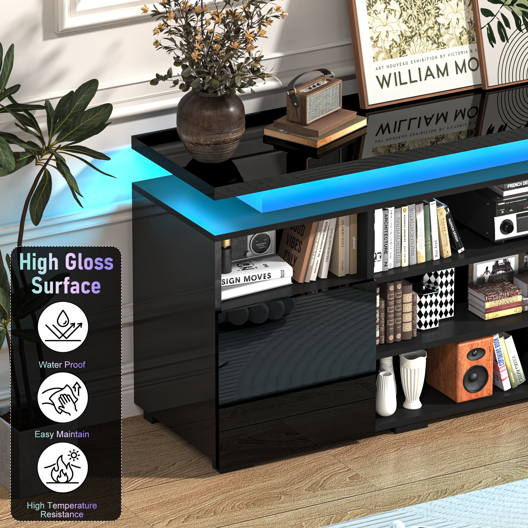 ANPOO LED TV Stand for TVs up to 80",Entertainment Center with Power Outlet,Modern Floating Gaming Media Console with Open Shelves and 2 Storage Cabinets,Black