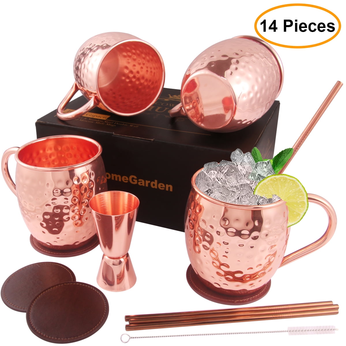 1 Shot Glass 2 Coasters Hand Hammered Stainless Steel Copper Mugs Cocktail Copper Mugs Set of 2 with 2 Straws 12 Oz Moscow Mule Mugs 
