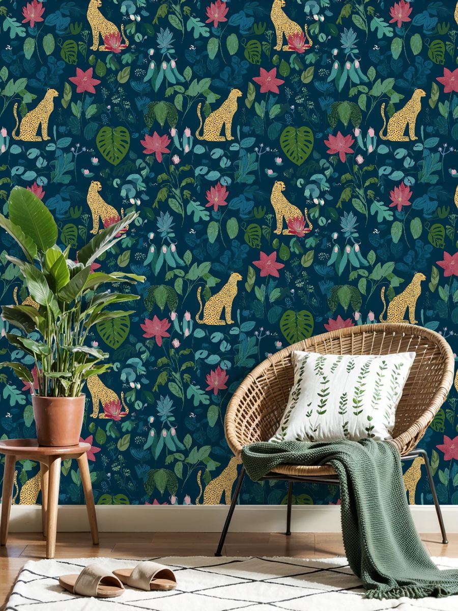 Cheetah Peel and Stick Wallpaper 17.7in x 9.8ft Leopard Tropical Flowers Greenery Dark Contact Paper Vinyl Waterproof Self Adhesive Wall Paper for Bedroom Shelf Cabinet Renter Friendly