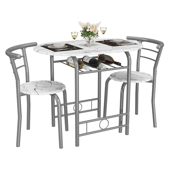 3-Piece Wooden Round Table & Chair Set, Space Saving Kitchen Breakfast Nook Wood Grain with Metal Frame and Built-in Wine Rack for Kitchen, Dining Room (White/Silver)