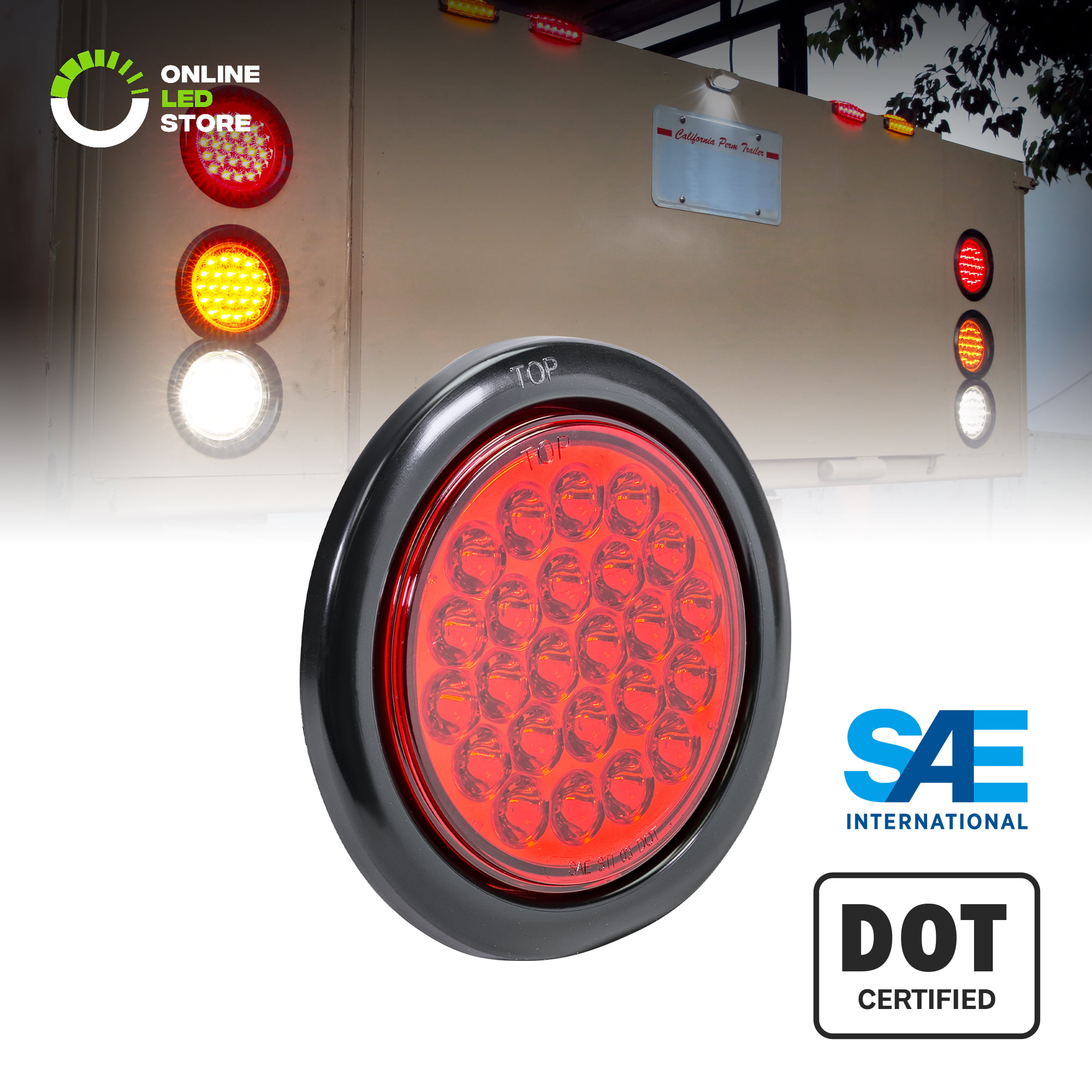 8 Truck Trailer RED Lens 4 Round LED Stop Turn Tail Light Includes Light Grommet Plug 