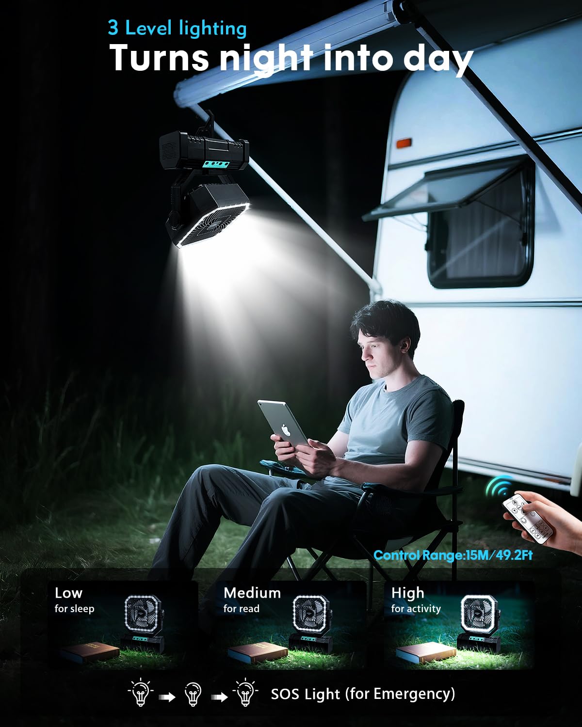 Camping Fan with Bluetooth Speaker, 20000mAh Rechargeable Battery Powered Fan with LED Light, Remote Control, Timer, Power Bank, 360° Hook, Tent Fan for Camping, Outdoor, Emergency Use, Black