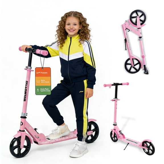 Welmotive Scooter for Kids Ages 6 , Teens & Adults, Lightweight Kick Scooter 3 Adjustable Heightand Rear Brake, Big Wheel Foldable Scooter for Indoor & Outdoor.