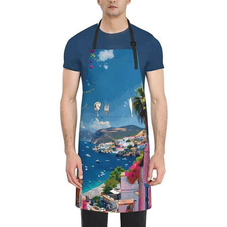 

Goofa Colorful Mediterranean Village Printed Waterproof Apron 33 Chef Aprons for Men Heavy Duty Chemical Work Apron Adjustable Bib Apron