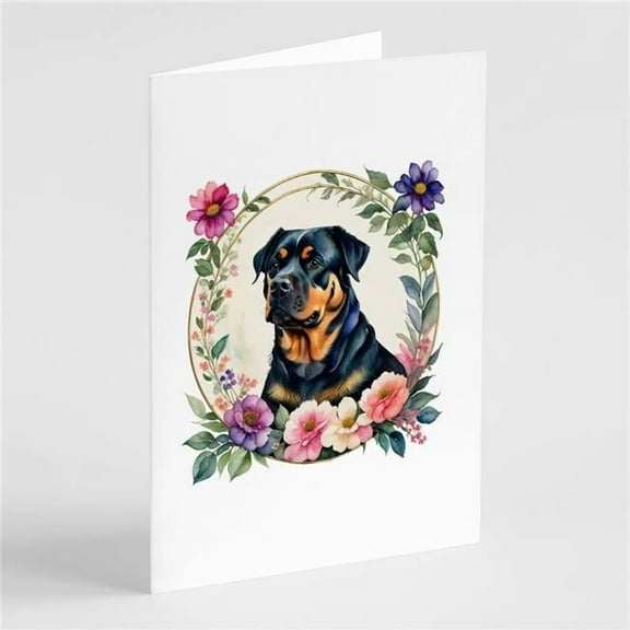 Rottweiler and Flowers Greeting Cards and Envelopes Pack of 8 7 in x 5 in