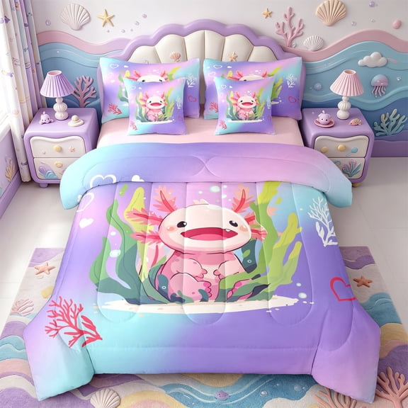 Manfei 3D-Printed Axolotl 7-Piece Twin Bedding,Cute Aniaml Salamander Bedding Comforter Set,Pink Reversible