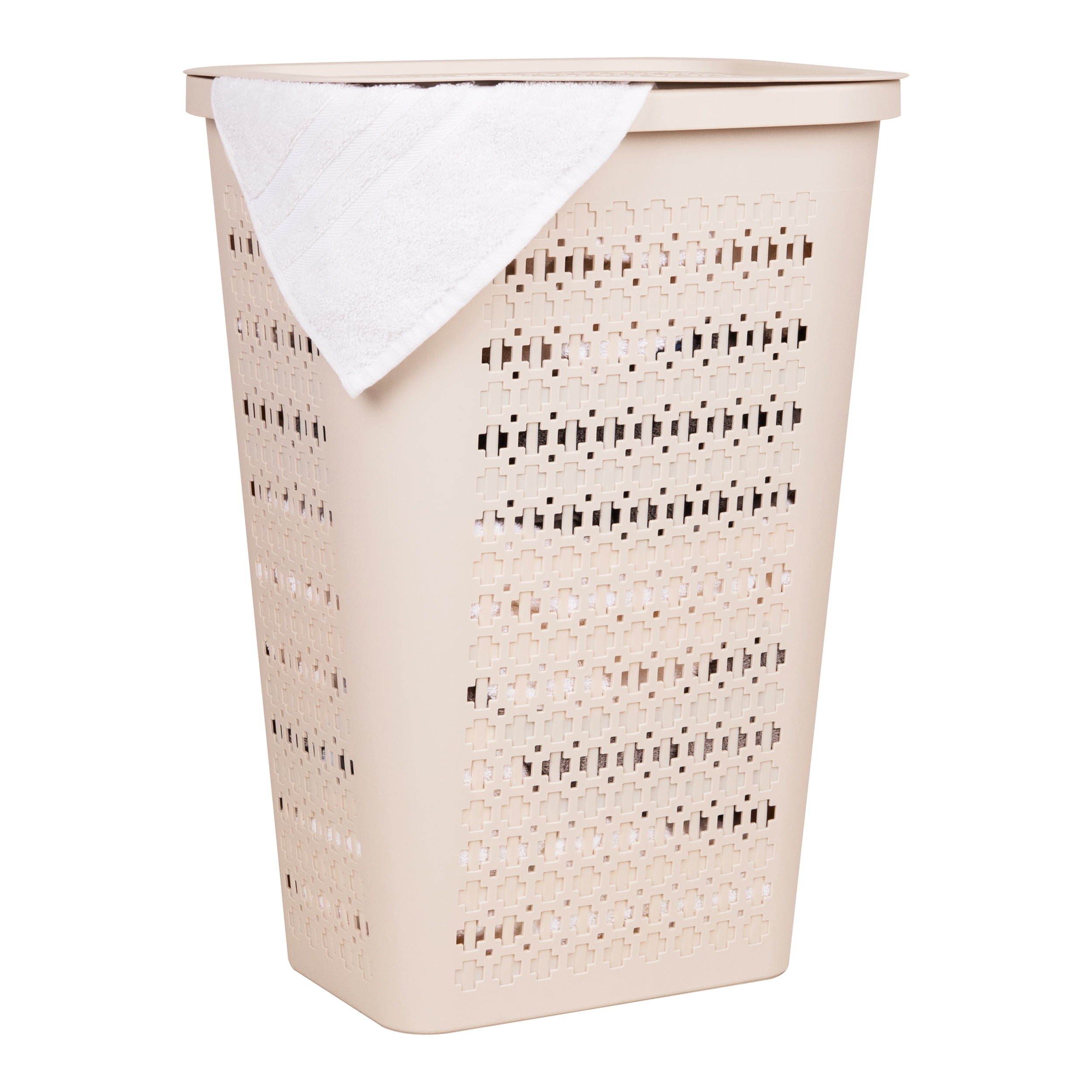 Mind Reader Slim Tapered Laundry Hamper with Lid, Clothes Basket with Swiss Cross Cut-Outs, Lightweight & Ventilated, Plastic, Ivory