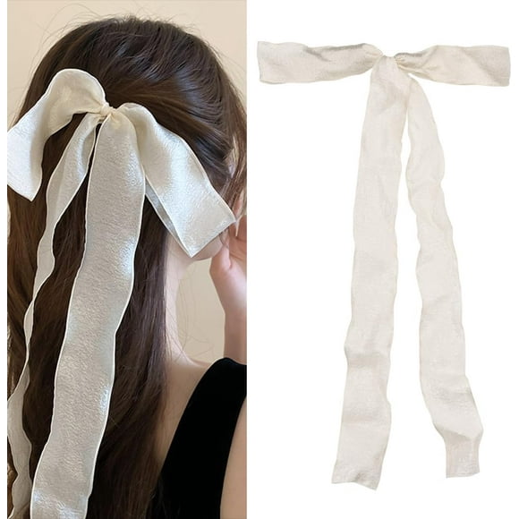 shiyou-Long Ribbon Hair Bows for Girls Bow Claw Clip Beige Bowknot Hair Claw Clip for Women Girls Bow Knot Hair Clips Barrette with Bow Decor Hair Clip for Girls