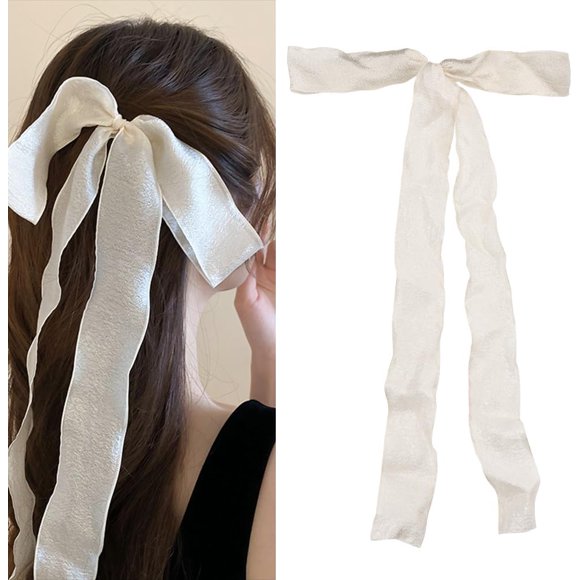 shiyou-Long Ribbon Hair Bows for Girls Bow Claw Clip Beige Bowknot Hair Claw Clip for Women Girls Bow Knot Hair Clips Barrette with Bow Decor Hair Clip for Girls