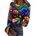thumbnail image 3 of Halloween Tops for Women Trendy Long Sleeve Slim Funny Pumpkin Ghost Tunic Tops Holiday Fall Spring Crew Neck Ribbed Basic Tees Multicolor S, 3 of 7