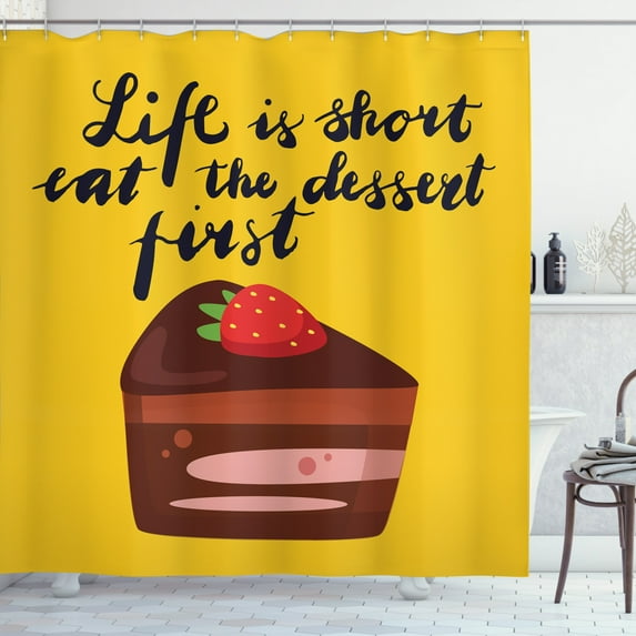 Eat Dessert First Shower Curtain, Childish Cartoon Style Slice of Cake with Strawberry Top Cursive Quote, Fabric Bathroom Set with Hooks, 69"W X 84"L Extra Long, Multicolor, by Ambesonne