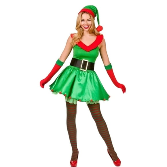 HOWPAY Christmas Elf Costume Women Santa Claus Causal Holiday Mini Dress with Hat Belt Gloves Sleeveless Cosplay Suit 5PCS Xmas Party Outfits Green M