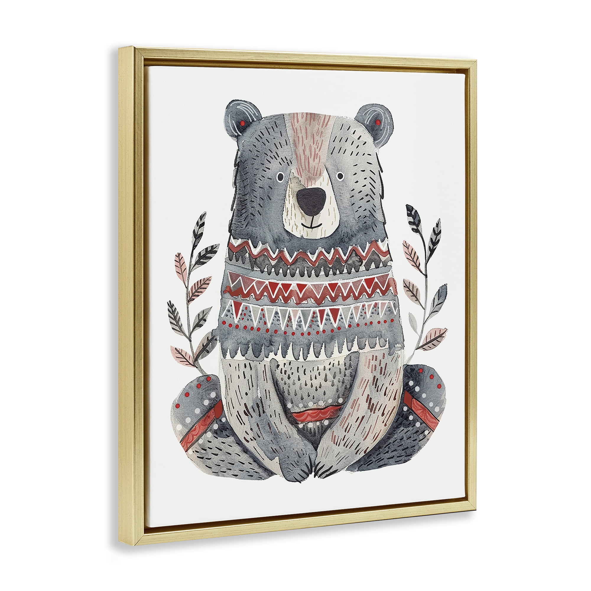 Stupell Industries Scandinavian Style Bear Animals Painting Gold Floater Framed Canvas Art Print Wall Art, 25 x 31