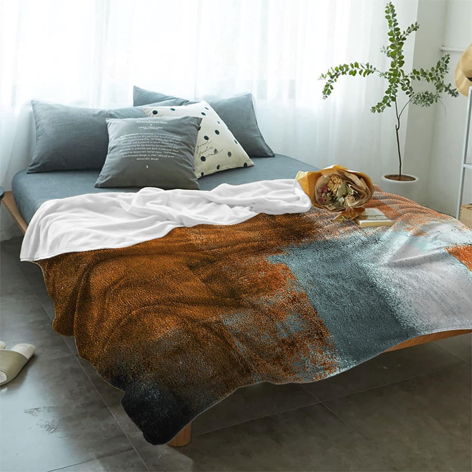 Fall Blanket Orange Grey Flannel Fleece Throw Blankets Soft Breathable Rustic Paint Art Graffiti Lattice Warm Cozy Decorative for Sofa Chair Bedroom All Seasons Use 60" x 80"