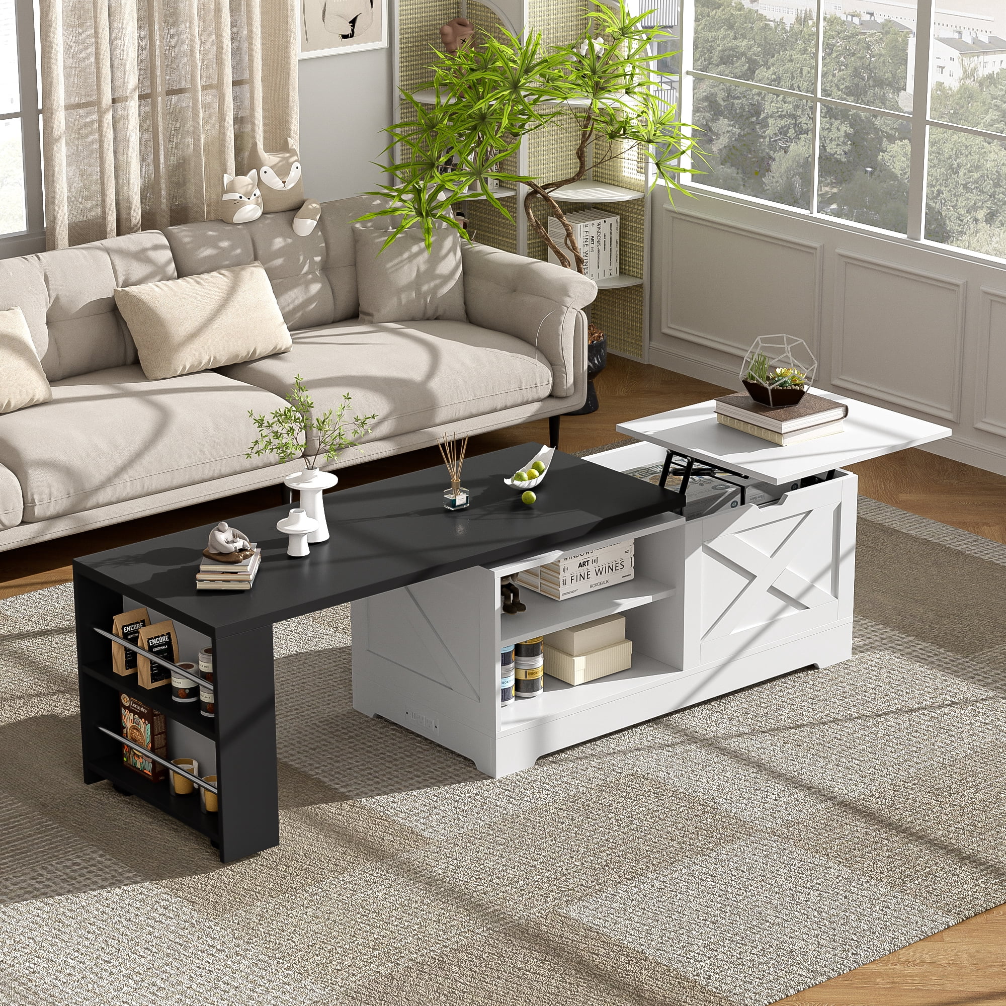 Leumius Lift Top Coffee Table with Storage,Rectangle Wood Center Table With Barn Doors and Open Cabinet, For Living Room, Bedroom, Home Office,White+Black