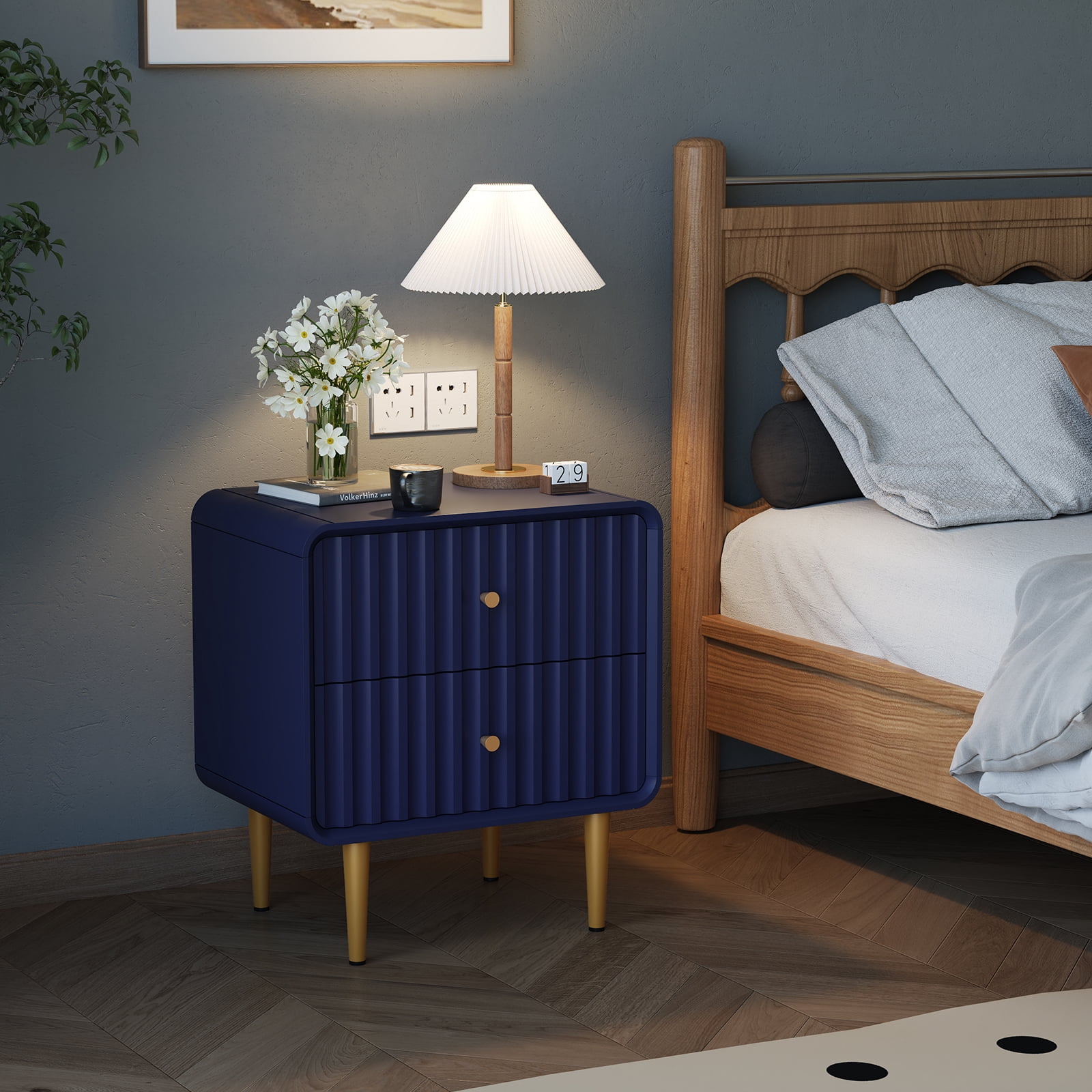CBJCBJ 20" Modern Fluted Nightstand Set of 1, White Wood Bedside Table with 2 Drawers & Gold Metal Handles（BLUE)