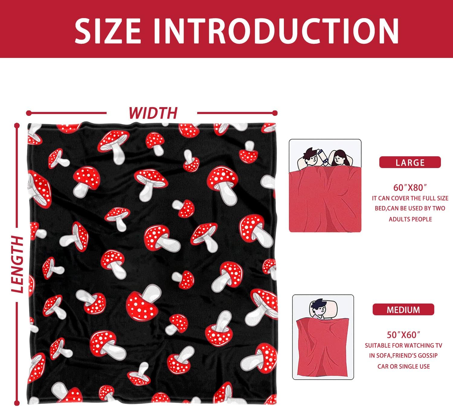 Cute Mushroom Blanket Sofa Bedding Room Decor Soft Plush Flannel Throw, Gifts for Mushroom Lovers Kids and Women 50 x 60 Inches