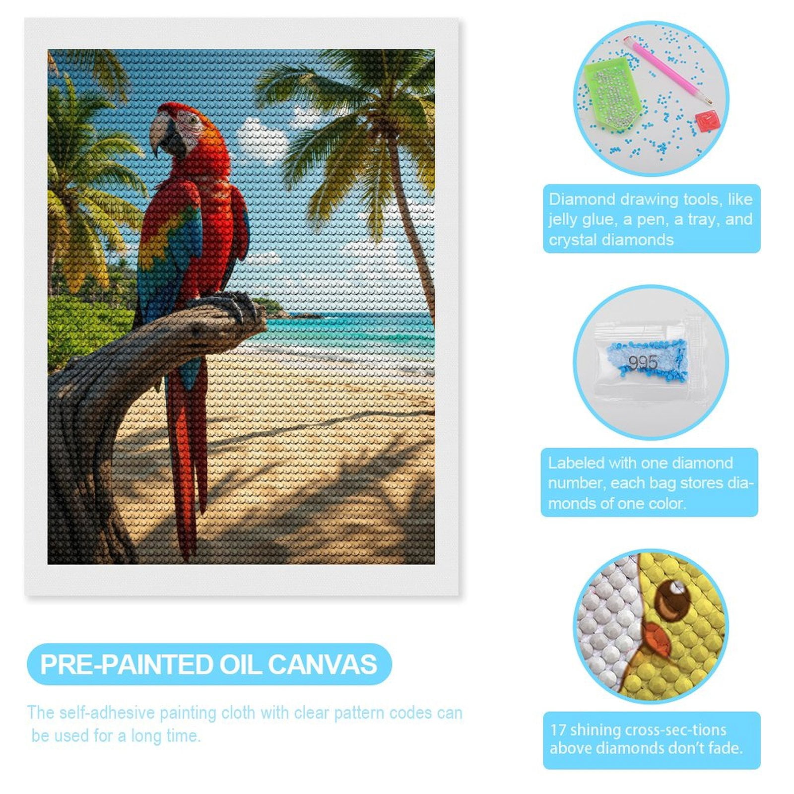 Diamond Art Kits for Adults, Tropical Parrot Beach Scene 5D Diamond Painting Kits for Adults Beginners, DIY Full Drill Diamond Painting, Gem Art and Crafts 12x16