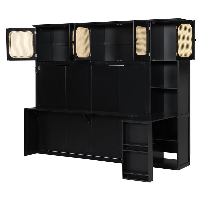 Full Size Murphy Bed with Desk and Open Shelf, Space-Saving Wall Folding Platform Bed Frame with Rattan-Door Cabinets