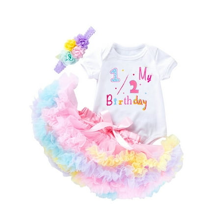 

Qtinghua Newborn Baby Girl Birthday Clothes Short Sleeve Letter Print Romper + Colorful Tulle Frill Skirt + Headband Set White 18-24 Months