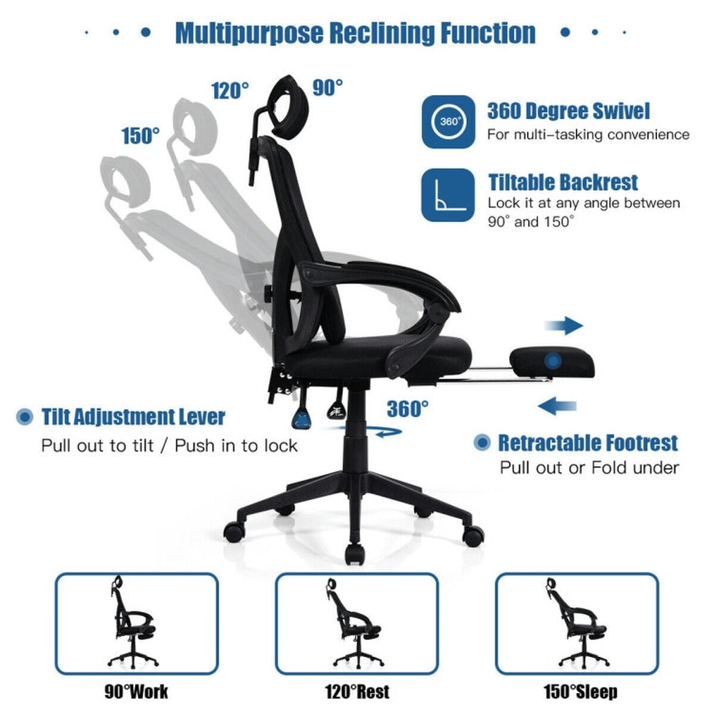 Demi Bonn High Back Office Recliner Chair with Adjustable Headrest and Footrest, Rolling Work Computer Desk Chair for Home, Bedroom, Study, Blue