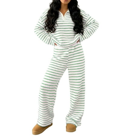 Women s 2 Piece Lounge Outfits Stripes Printed Lapel V Neck Knit Sweater Top and Wide Leg Pant Sets with Pocket (2XL Green)