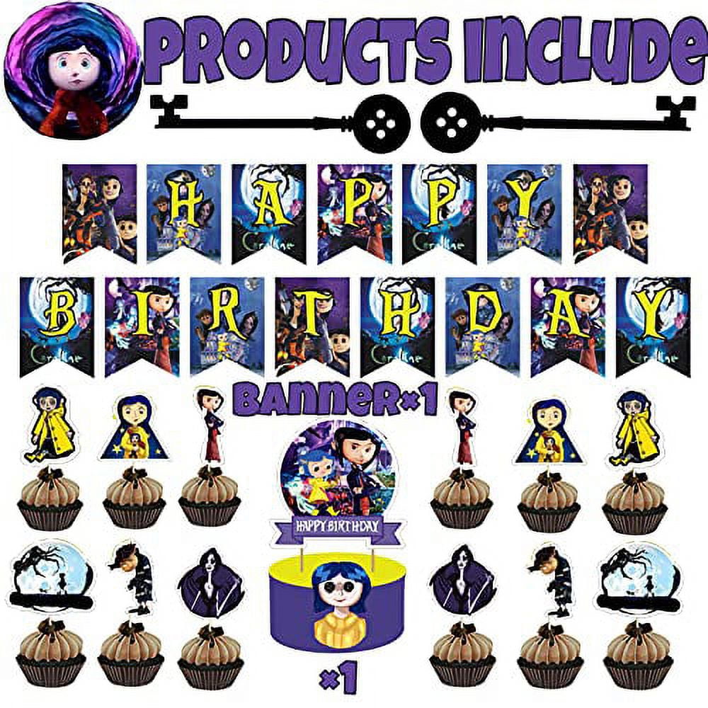 Coraline Birthday Party Decorations Cartoon Theme Supplies with Birthday  Banner,Latex Balloons,Cake Topper and Cupcake Toppers for Kids Adult  Birthday