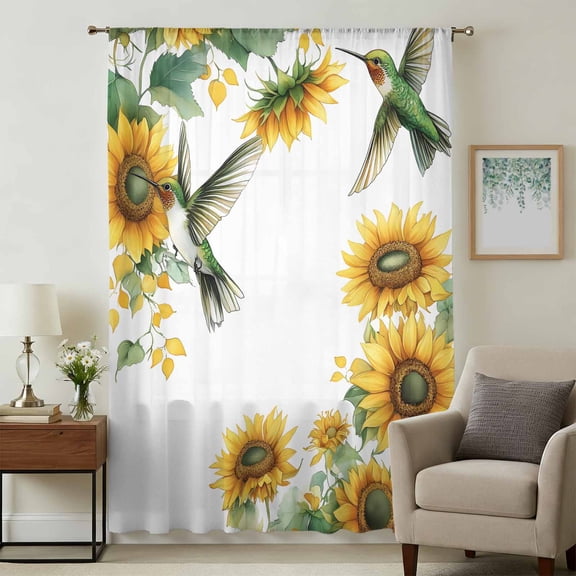 Sunflower Sheer Curtains 108 Inches Extra Long, Yellow Summer Flower Hummingbird Retro Light Filering Curtains, Privacy Drapes Simi Floor to Veiling Curtain for Living Room Bedroom Window Treatment