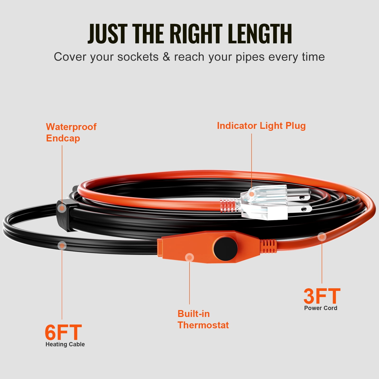 KFFKFF Pipe Warming Cord, 6FT 7W/FT Heating Strip for Tubes with Integrated Temperature Control, Water Pipe Warming Wire Safeguards PVC Tubing, Metallic and Synthetic Tubes from Cold Conditions