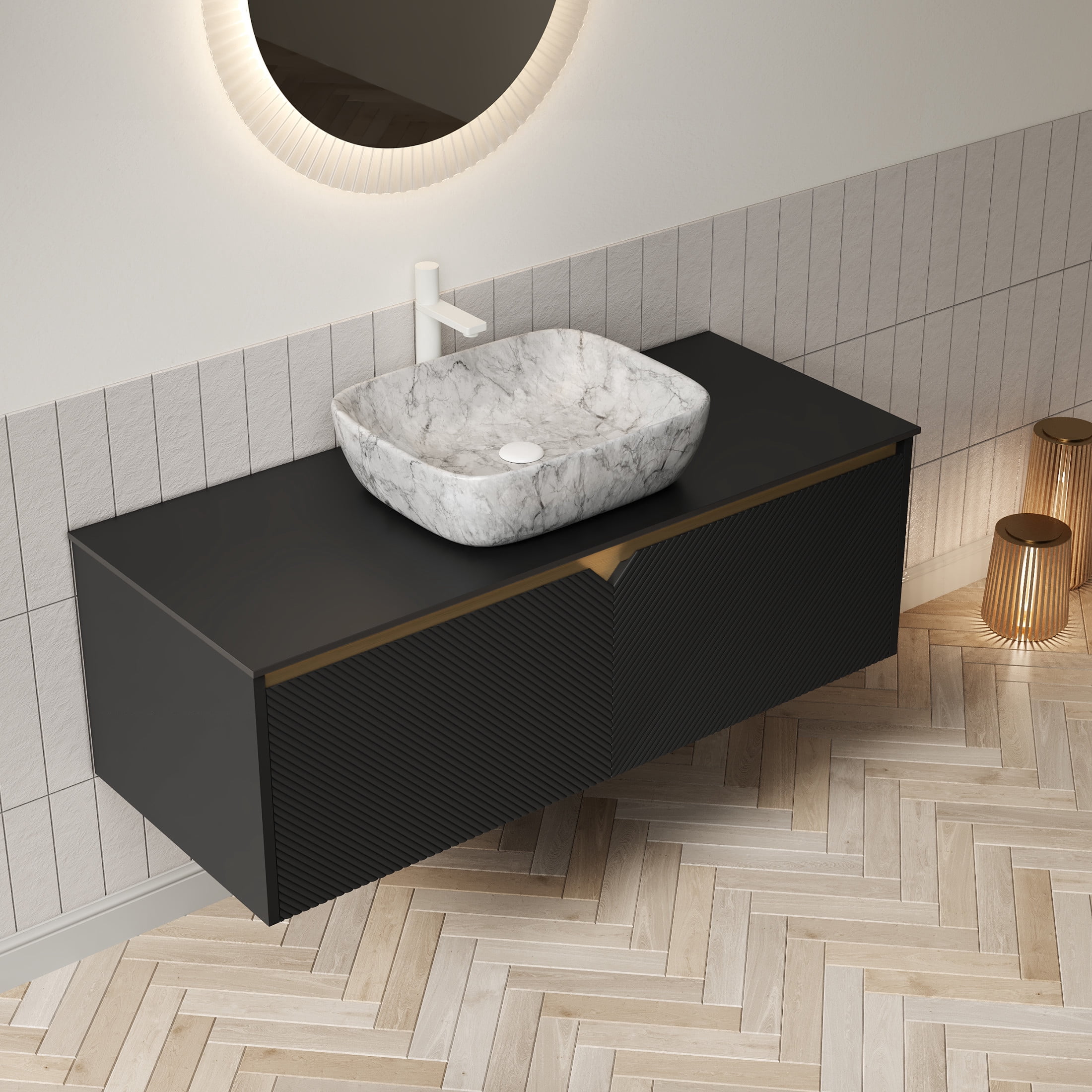 Noble House RUBEN 48" Floating Bathroom Vanity, Sintered Stone Top Cabinet with Gray Stone Ceramic Vessel Sink, Black