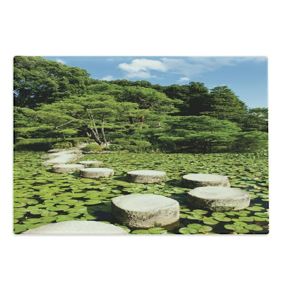 Peace Cutting Board, Stone Path in Japanese Garden Lake with Lotus Leaves Nature Scenery, Decorative Tempered Glass Cutting and Serving Board, Large Size, Lime Green Sky Blue, by Ambesonne
