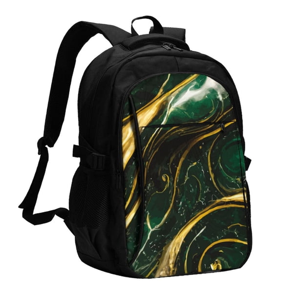 Balery Green Marble Mochila con carga USB para hombre y mujer - Mochila impermeable y antirrobo para laptop con puerto USB para viajes, trabajo